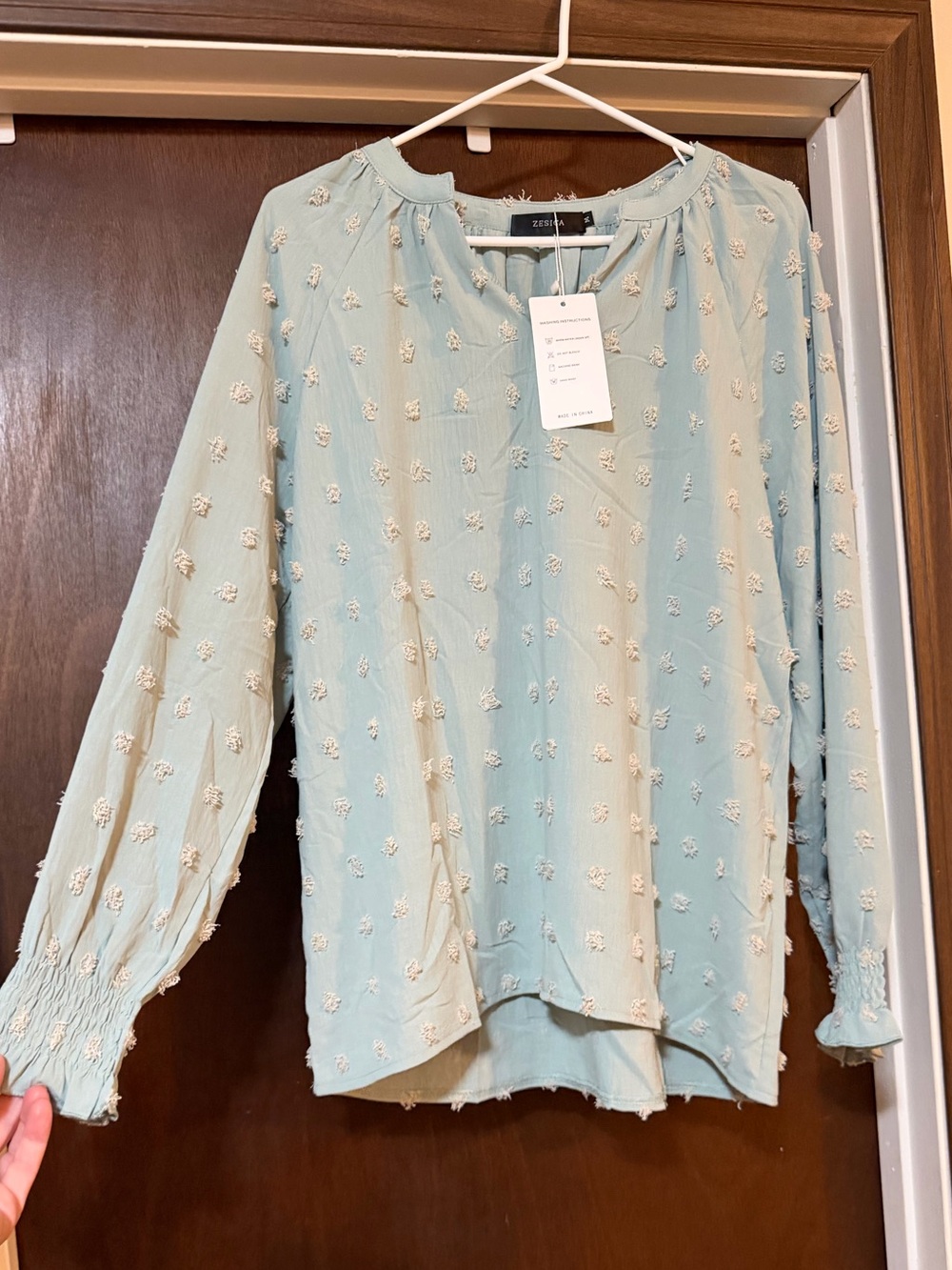 NEW NWT MEDIUM Zesica Aqua Textured Dot Long-Sleeve Blouse